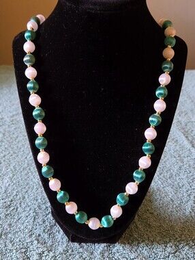 Vintage Mid Century Satin Thread Wrapped Bead Necklace Green White Japan